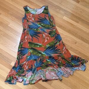 Soft Surroundings Tropical Leaf Print Midi Dress Ruffle Hem Sleeveless Size 1 XL